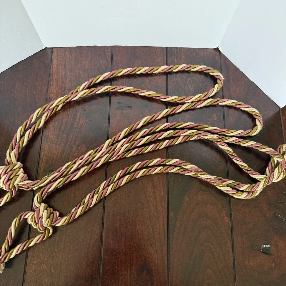 Vintage Large Tassel Curtain Tiebacks Pair Burgundy Gold Cream Twisted Rope 2pc